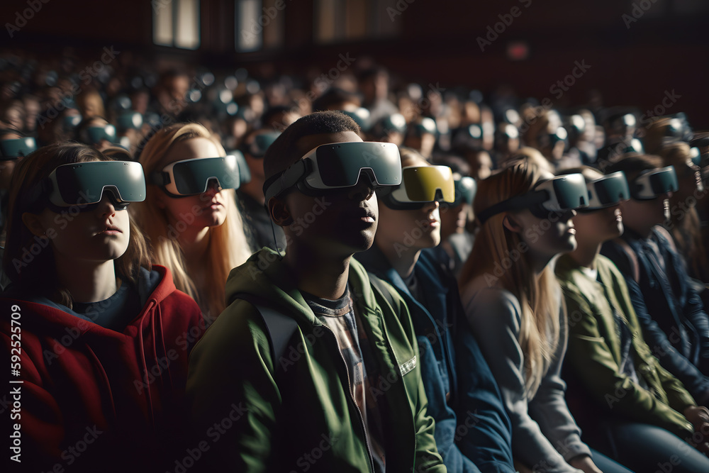 Lot of crowd of students and pupils in virtual reality glasses are sitting in the auditorium at their desks at the university seminary. Generative AI Lot of crowd of students and pupils in virtual reality glasses are sitting in the auditorium at their desks at the university seminary. Generative AI