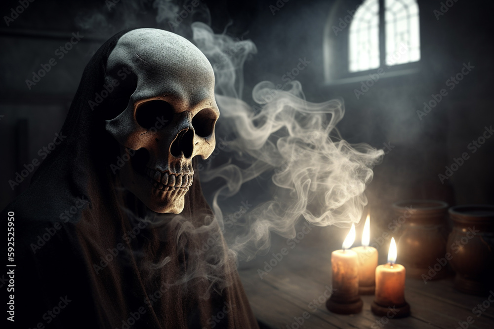 Grim reaper in haunted, creepy house. Generative ai Grim reaper in haunted, creepy house. Generative ai