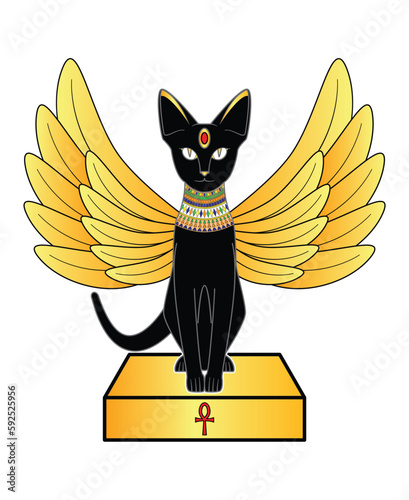 Concept of ancient Egypt black cat or pharaoh cat with golden feathers or wings sit down at golden stand with Egyptian symbol drawing in cartoon vector photo