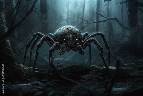 giant spider monster in forest at night. Spiders phobia and nightmare. Generative AI illustration
