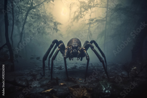 giant spider monster in forest at night. Spiders phobia and nightmare. Generative AI illustration © alexkoral