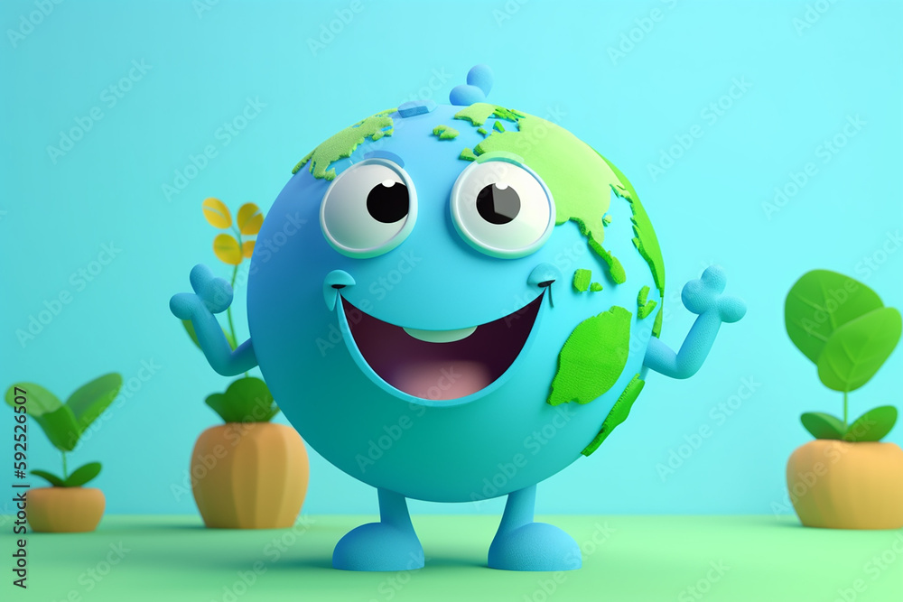 Fototapeta premium Cute, happy Earth character standing on blue background. Generative Ai