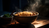 A bowl of noodles with a spoon in it is sitting on a table. The steam from the noodles is rising, creating a cozy and comforting atmosphere