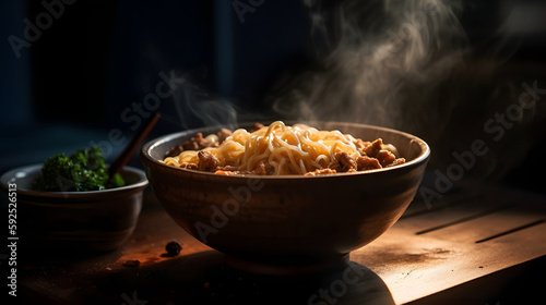 A bowl of noodles with a spoon in it is sitting on a table. The steam from the noodles is rising, creating a cozy and comforting atmosphere