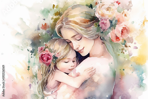 Mother and daughter hugging. Love and affection. Mother's day illustration. Generative Ai 