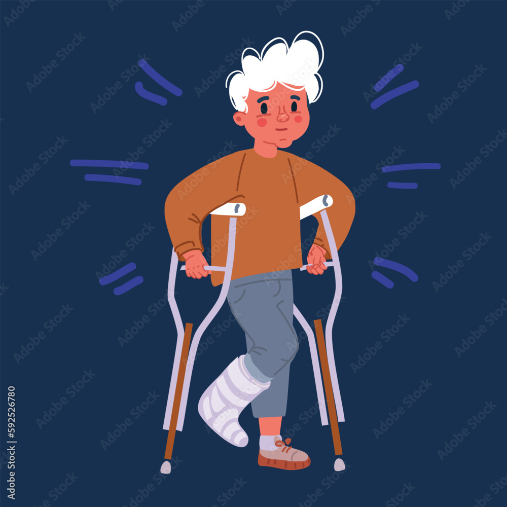 Cartoon vector illustration of The boy with a broken leg with crutches