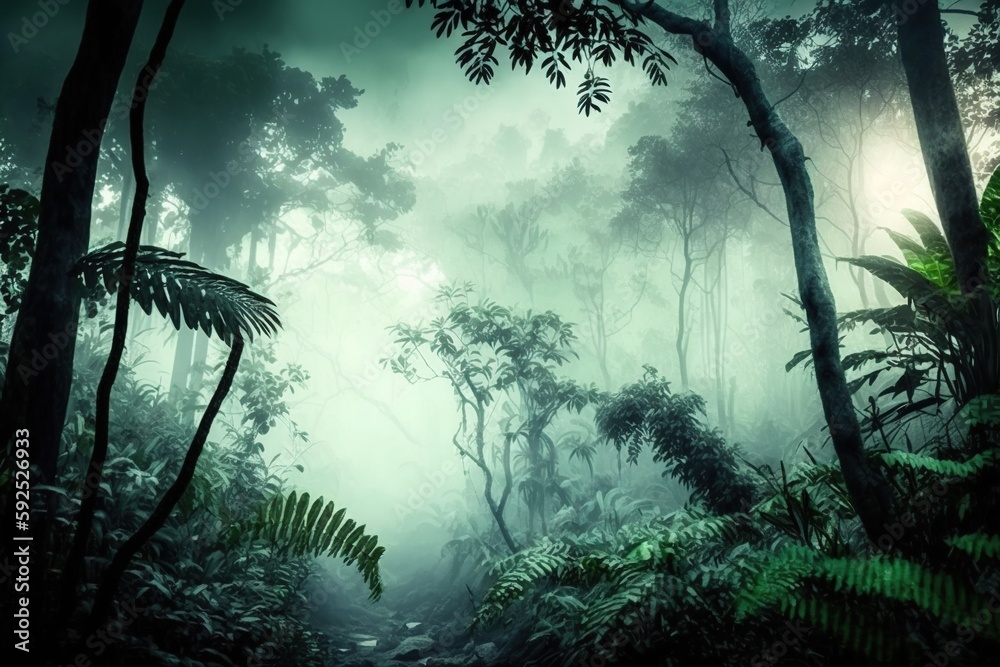Fantasy dark forest with ferns and a water stream.