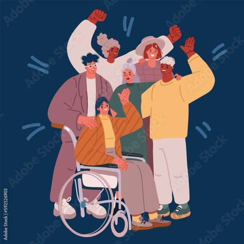 Cartoon vector illustration of Businessmen team of diverse multinational cartoon men in office outfits. Diversity. People stand side by side together, woman in wheelchair.