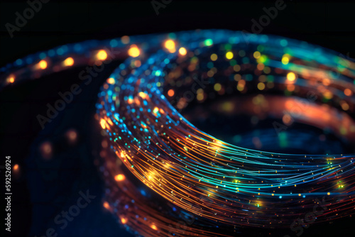 fiber optics equpiment, fiber optic cable, data cable, fiber network, in the style of bokeh panorama photo