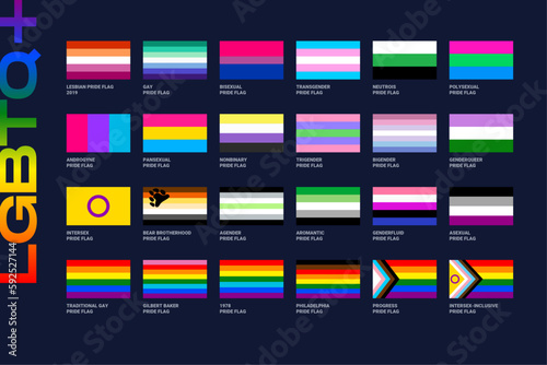 LGBT sexual identity pride flags gender collection. Flag of gay, lesbian, transgender, bisexual. Vector Illustration