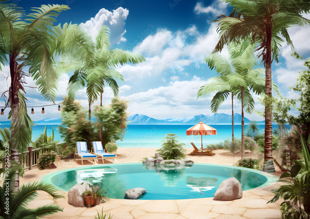 A tropical beach scene with palm trees and a pool. The pool is surrounded by chairs and an umbrella