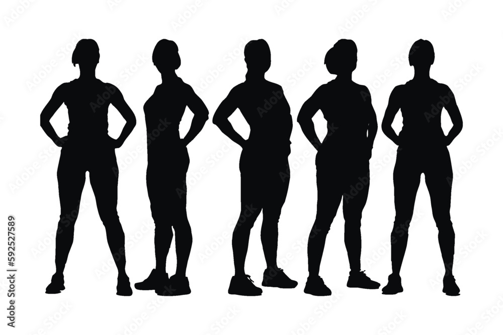 Female bodybuilder silhouette standing in different positions. Gym girl silhouette with different poses. Woman weightlifter and bodybuilder silhouette with muscular bodies. Female gymnast silhouette.