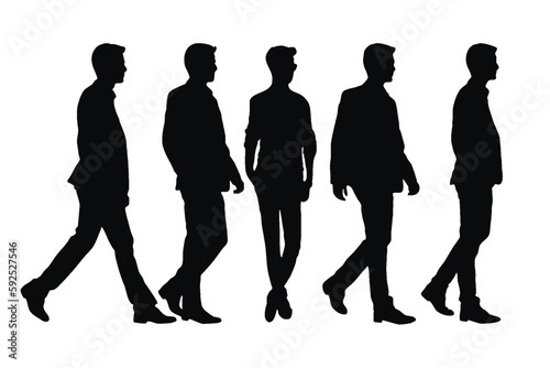 Office employees wearing suits walking in different position silhouette set vector. Businessmen silhouette collection with suits. Businessmen and walking silhouette bundle with different poses.