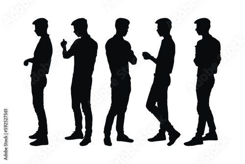 Male model silhouette set standing in different styles. Man model actor doing different poses silhouette vector collection. Fashion actor man silhouette bundle. Male model standing silhouette vector.