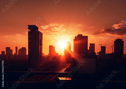 A city skyline with a large sun in the sky. The sun is setting and the sky is a beautiful orange color