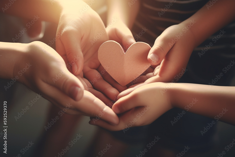 Hands holding heart shape paper family cutout, foster care, homeless support, world mental health day, Autism support,  Generative AI	
 - obrazy, fototapety, plakaty 