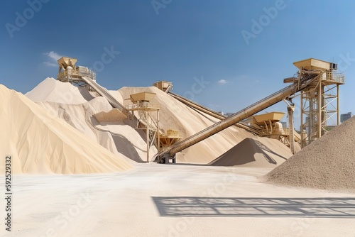 silica extraction and processing plant, with conveyor belt and massive shovels extracting silica sand, created with generative ai