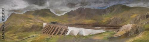 Digital painting of Stwlan Dam and the Moelwyn mountains. photo