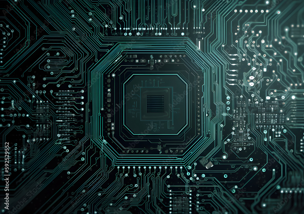 Fototapeta premium Electronic circuit board background, CPU chip on Motherboard, Generative AI