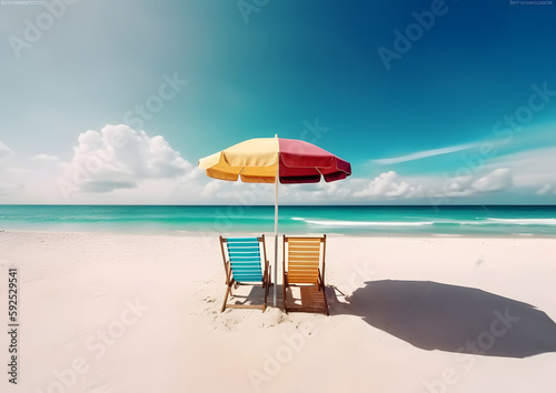Lounge chairs and umbrella on the beach, Generative AI