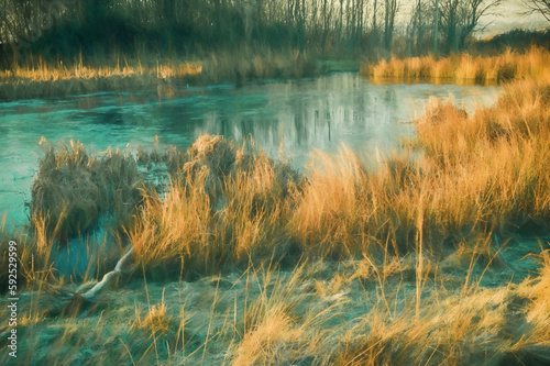 Digital painting of a sunrise on a frozen pond on Wetley Moor, Staffordshire, UK. photo