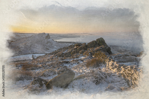 Winter digital watercolour painting of a sunrise cloud inversion, and snow at The Roaches, Staffordshire.