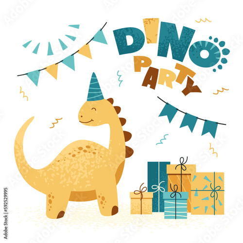 Cute dinosaur with flags, gifts and inscription “Dino party”. Set for greeting cards, posters, t-shirts, birthday party or children room decoration. Vector illustration isolated on white background