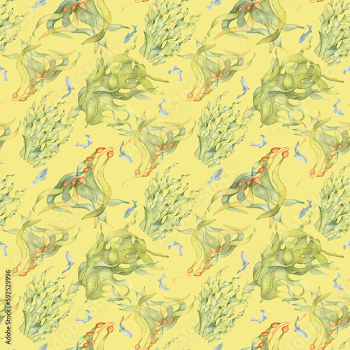 Seamless pattern of colorful sea plants watercolor illustration isolated on yellow. Laminaria  kelp  herb seaweeds hand drawn. Design for background  textile  packaging  wrapping  marine collection