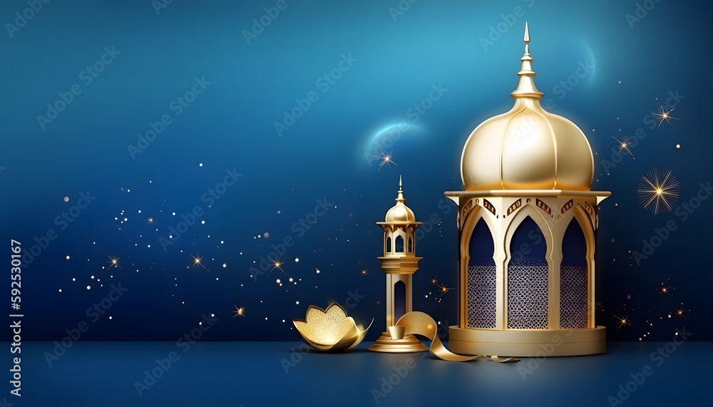 Eid ul fitr eid Ornamental Arabic lanterns with burning candles glowing at night. Plate with date fruit on the table. Festive greeting card, invitation for Muslim