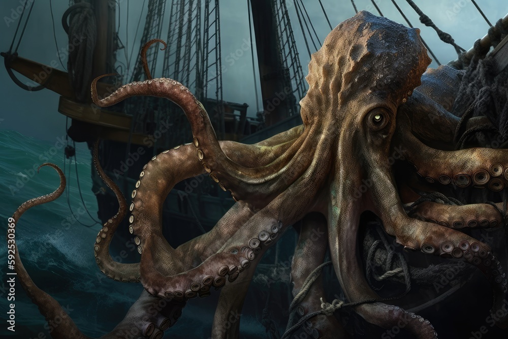 giant octopus wreaking havoc on shipwreck, tentacles wrapping the deck ...