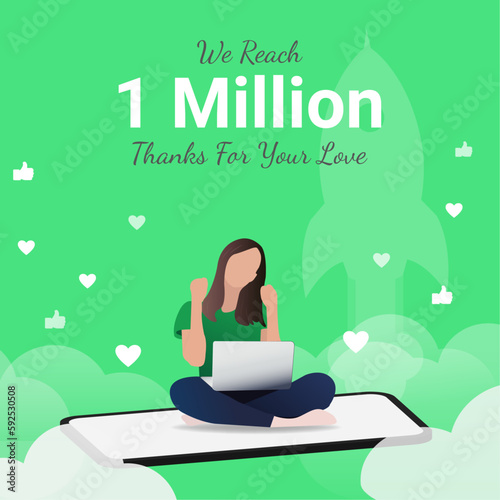 Excited woman holding laptop, sitting on mobile, flying in the sky by the success and achievement of reaching 1m followers on his page, channel. Flat Lady content creator, influencer character design.