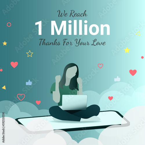 Illustration of an Excited Girl Holding a Laptop sitting on a smartphone and Celebrating Success for 1m followers, subscribers in his social media channels, account page. Social media post design.