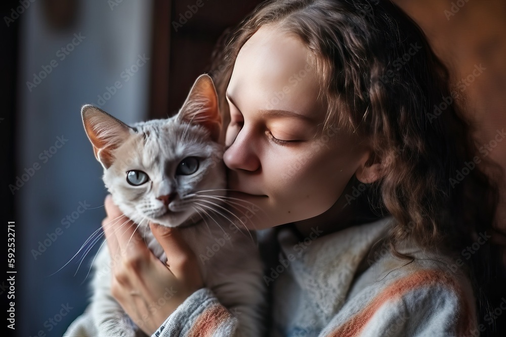 Woman Expressing Affection by Kissing Her Pet Cat (AI generated) Woman Expressing Affection by Kissing Her Pet Cat (AI generated)