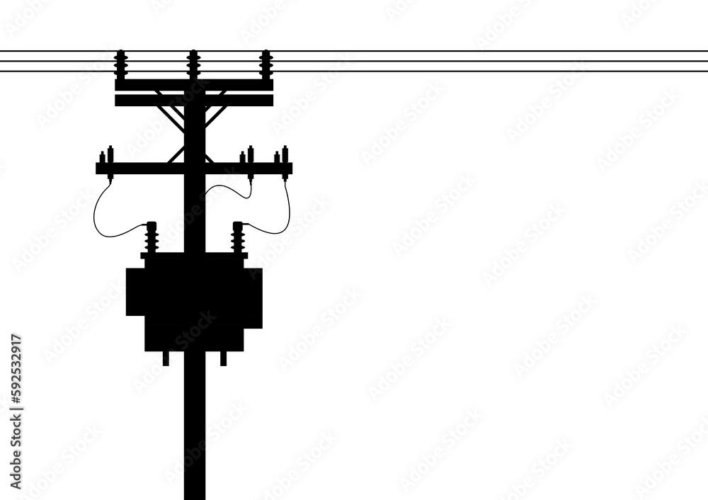 Electric pole and and Electric transformer. Electric pole. Power Poles. Electric Power transmission Silhouette. Vector Illustration Isolated on White Background. Electric pole and and Electric transformer. Electric pole. Power Poles. Electric Power transmission Silhouette. Vector Illustration Isolated on White Background.