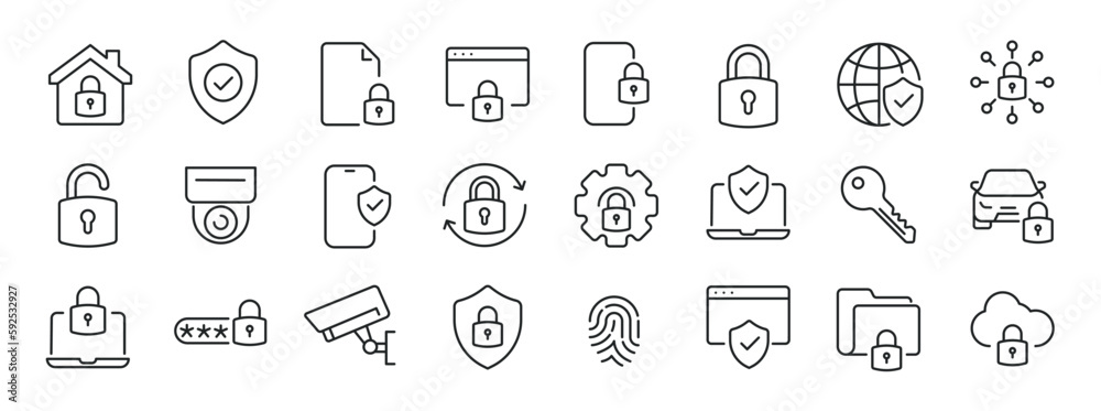 Safety, security, protection thin line icons. Editable stroke. For website marketing design, logo, app, template, ui, etc. Vector illustration. Safety, security, protection thin line icons. Editable stroke. For website marketing design, logo, app, template, ui, etc. Vector illustration.