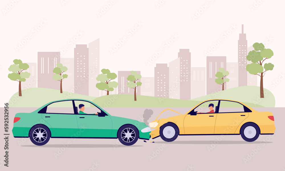 Two Car Drivers Going In Opposite Direction And Collide Head On In A Road Accident At The City. Flat Design Style, Character, Cartoon.