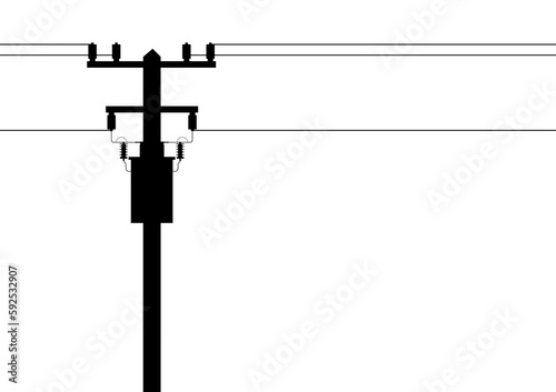 Electric pole and and Electric transformer. Electric pole. Power Poles. Electric Power transmission Silhouette. Vector Illustration Isolated on White Background.