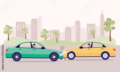 Fototapeta Naklejka Na Ścianę i Meble -  Two Car Drivers Going In Opposite Direction And Collide Head On In A Road Accident At The City. Flat Design Style, Character, Cartoon.