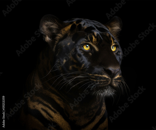 Detailed portrait of a tiger s face  isolated on black background. generative ai