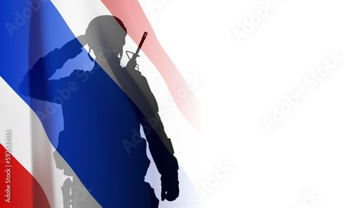 Silhouette of a soldier with Thai flag on white background. Patriotic concept. EPS10 vector