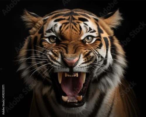 Detailed portrait of a roaring tiger's face, isolated on black background. generative ai