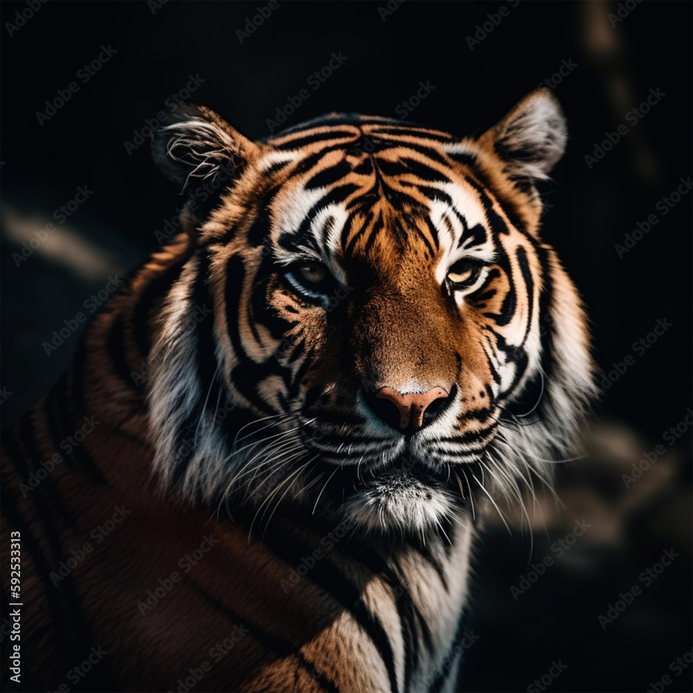 Fototapeta premium Detailed portrait of a tiger's face, isolated on black background. generative ai