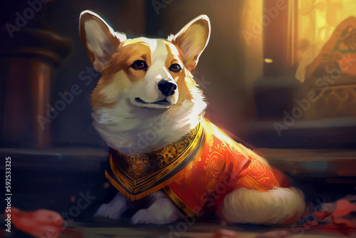 Royal Corgi dog, in regal costume in a palace