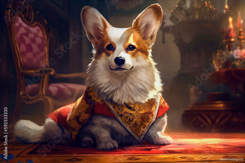 Royal Corgi dog, in regal costume in a palace