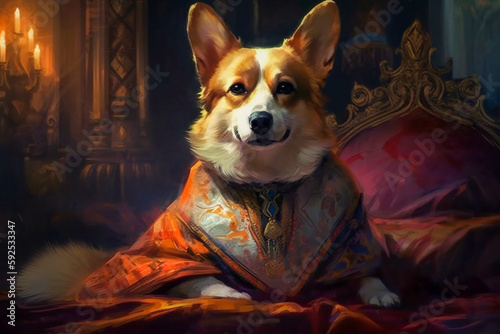 Royal Corgi dog, in regal costume in a palace