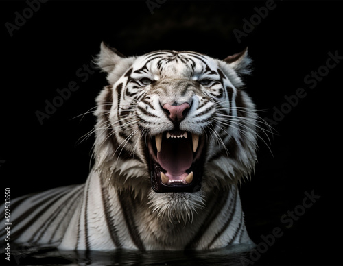 Detailed portrait of a white tiger's face that is roaring and soaking in the water, isolated on black background. generative aii