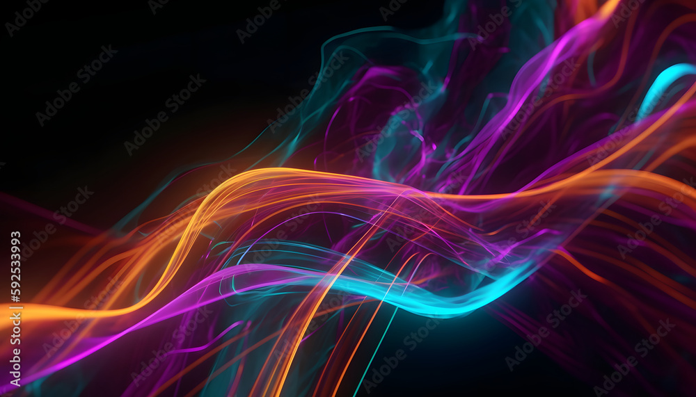 Abstract neon wave background, lines, and bokeh lights. Data transfer concept. Digital wallpaper, Generative AI