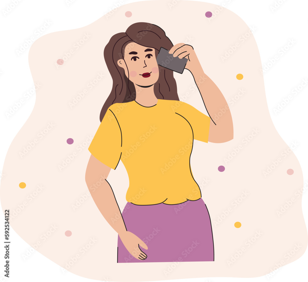 Happy young woman calling by mobile phone, smartphone. Speaking by cellphone, Flat graphic vector illustration isolated on white background Happy young woman calling by mobile phone, smartphone. Speaking by cellphone, Flat graphic vector illustration isolated on white background
