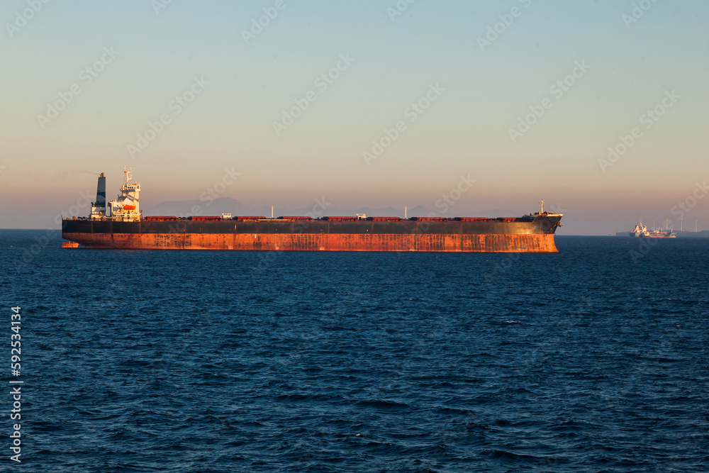 Bulk cargo ships are anchored in the bay of the seaport of Fos-sur-Mer in France.