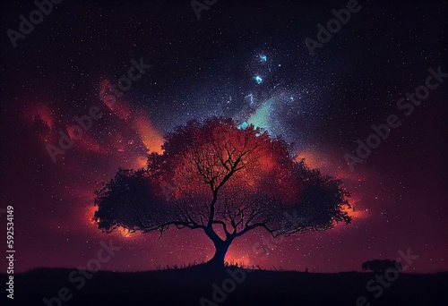 dreamlike gradient sky at night time  a big silhouette tree under starfield   idea for background wallpaper  Generative Ai